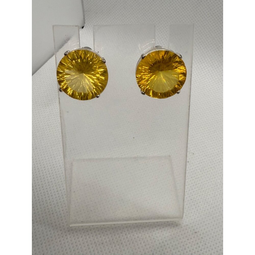 Yellow Gemstone Post Earrings With Silver Tone Setting